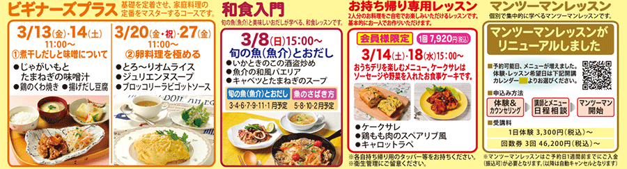 ビギナーズプラス、和食入門、お持ち帰り専用レッスン、マンツーマンレッスン カリキュラム